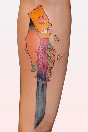 Tattoo by Brindi #Brindi #color #Japanese #traditional #newschool #mashup #color #bartsimpson #thesimpsons #pez #knife #blade #hand #candy
