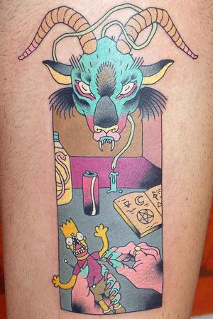 Tattoo by Brindi #Brindi #color #Japanese #traditional #newschool #mashup #color #bartsimpson #voodoo #darkart #surreal #satan #baphomet #goat #evil #horns #coke #snake #candle #magic #pentagram