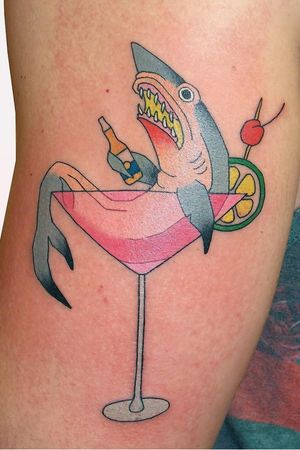 Tattoo by Brindi #Brindi #color #Japanese #traditional #newschool #mashup #color #shark #martini #oceanlife #drink #alcohol #beverage #lime #beer #chill #glass