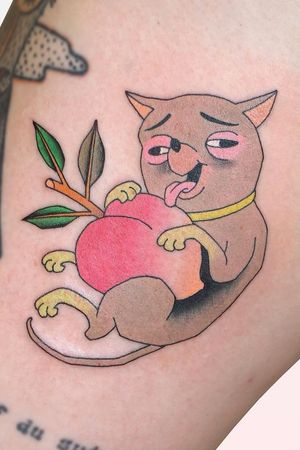 Tattoo by Brindi #Brindi #color #Japanese #traditional #newschool #mashup #color #peach #foodtattoo #fruit #dog #Chihuahua #cute