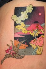 Tattoo by Brindi #Brindi #color #Japanese #traditional #newschool #mashup #color #landscape #mountains #flowers #peony #floral #nature #clouds #sky #night #moon #lake