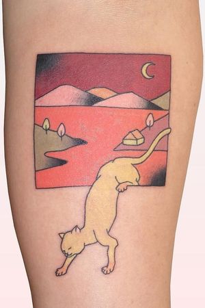 Tattoo by Brindi #Brindi #color #Japanese #traditional #newschool #mashup #color #landscape #cat #mountains #moon #trees #house #petportrait #window #lake