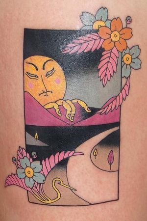 Tattoo by Brindi #Brindi #color #Japanese #traditional #newschool #mashup #color #landscape #moon #hand #face #road #flowers #floral #mountains #trees #sky #surreal