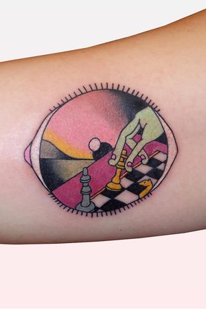 Tattoo by Brindi #Brindi #color #Japanese #traditional #newschool #mashup #color #eye #chess #hand #game #surreal #landscape #Mountain