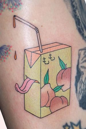 Tattoo by Brindi #Brindi #color #Japanese #traditional #newschool #mashup #color #peach #juice #juicebox #yokai #surreal #tongue #fruit #fruittattoo #cute #strange #straw