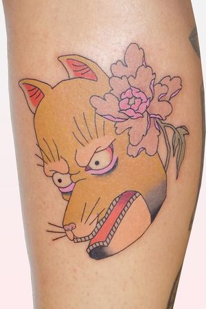Tattoo by Brindi #Brindi #color #Japanese #traditional #newschool #mashup #color #kitsune #mask #fox #peony #flower #floral #animal #yokai #nature