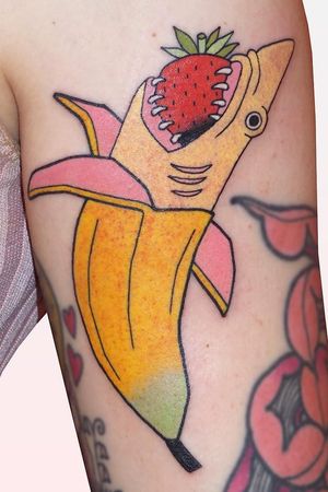 Tattoo by Brindi #Brindi #color #Japanese #traditional #newschool #mashup #color #banana #fruittattoo #fruit #shark #meme #strawberry #foodtattoo