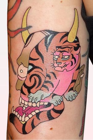 Tattoo by Brindi #Brindi #color #Japanese #traditional #newschool #mashup #color #hannya #hannyamask #tiger #junglecat #morph #horns #tribal #strange #surreal