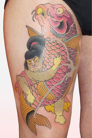 Tattoo by Brindi #Brindi #color #Japanese #traditional #newschool #mashup #color #koi #sumo #warrior #ocean #oceanlife #scales #fish #waves #folklore