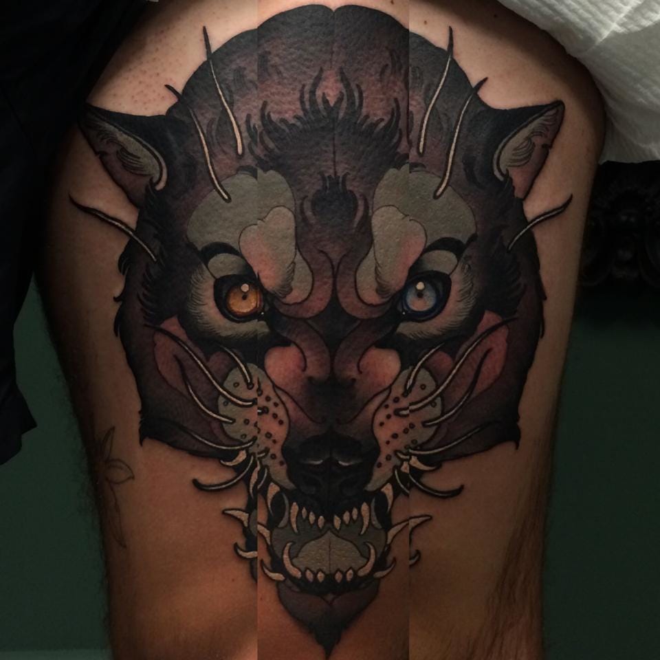 Wolf tattoo, artist unknown #wolf #portrait #traditional