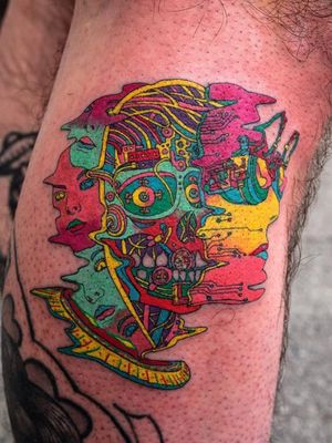 Beneath the skin. Tattoo by Julian Llouve #JulianLlouve #color #linework #illustrative #surreal #cyberpunk #circuitboard #eyes #bodies #rainbow #skeleton #robot #scifi