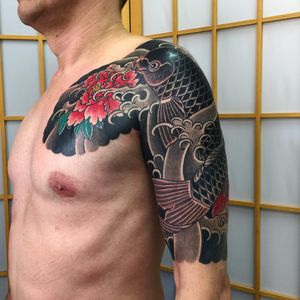 Tattoo by Sergey Buslay #SergeyBuslay #tattoodoambassador #Japanese #irezumi #waves #koi #fish #blackandgrey #color #peony #flower #floral #nature
