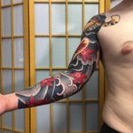 Tattoo by Sergey Buslay #SergeyBuslay #tattoodoambassador #Japanese #irezumi #waves #smoke #mapleleaves #leaves #nature #tiger #fall