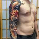 Tattoo by Sergey Buslay #SergeyBuslay #tattoodoambassador #Japanese #irezumi #waves #smoke #mapleleaves #leaves #nature #tiger #fall #cat #junglecat