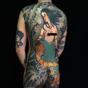 Tattoo by Sergey Buslay #SergeyBuslay #tattoodoambassador #Japanese #irezumi #lantern #dragon #mermaid #waves #clouds #lady #portrait #folklore #legend #mythicalcreature