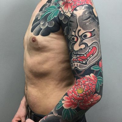 Tattoo by Sergey Buslay #SergeyBuslay #tattoodoambassador #Japanese #irezumi #peony #flower #floral #hannya #hannyamask #mask #clouds #leaves #nature #folklore #yokai