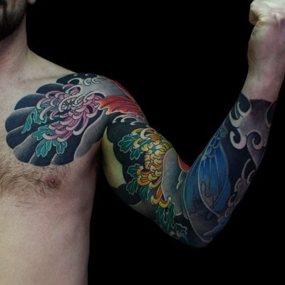 Tattoo by Sergey Buslay #SergeyBuslay #tattoodoambassador #Japanese #irezumi #waves #koi #fish #chrysanthemum #flower #floral #leaves