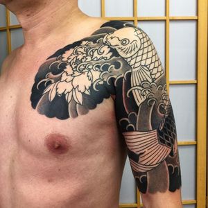 Tattoo by Sergey Buslay #SergeyBuslay #tattoodoambassador #Japanese #irezumi #waves #koi #fish #peony #flower #floral #leaves