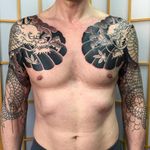 Tattoo by Sergey Buslay #SergeyBuslay #tattoodoambassador #Japanese #irezumi #dragon #chestpiece #mapleleaves #coveruptattoo #coverup #clouds #leaves #mythicalcreature #folklore