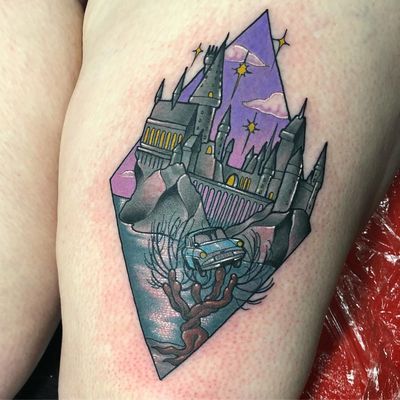Tattoo by Sadee Glover #SadeeGlover #fantasytattoo #fantasytattoos #fantasy #magic #color #neotraditional #hogwarts #HarryPotter #tree #castle #stars #clouds #witch #wizard #fairytale #legend