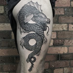 Tattoo by Honeytripper #Honeytripper #fantasytattoo #fantasytattoos #fantasy #magic #dragon #illustrative #blackandgrey #mythicalcreature #animal #monster #fangs #fairytale #legend