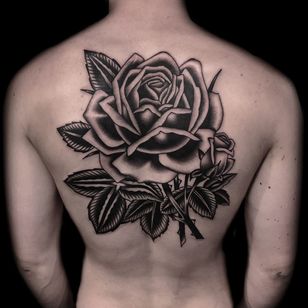Traditional tattoo by Austin Maples #AustinMaples #blackandgreytattoos #blackandgrey #traditional #rose #flower #floral #leaves #plant #nature #thorns