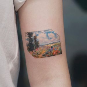 Tattoo by Saegeem #Saegeem #watercolortattoo #watercolor #painterly #fineart #painting #color #Monet #flowers #floral #leaves #nature #sky #trees #landscape