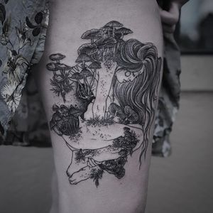 Illustrative Tattoo by Ruby Wolfe #RubyWolfe #illustrativetattoos #illustative #portrait #lady #mushrooms plants #nature #surreal