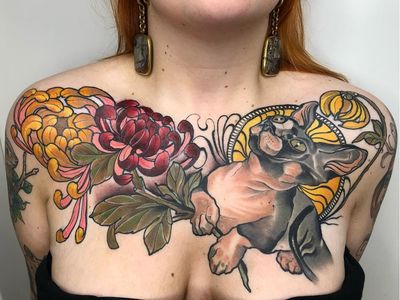 Tattoo by Lorena Morato #LorenaMorato #chesttattoos #chesttattoo #chest #color #neotraditional #artnouveau #chrysanthemum #sphinx #flower #floral #stainedglass #kitty #petportrait