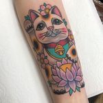 Tattoo by Alice SB #AliceSb #color #traditional #newschool #neotraditional #mashup #bold #bright #luckycat #cat #bell #flower #floral #lotus #lucky #cherryblossom