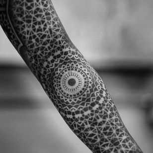 Sacred geometry tattoo by Dillon Forte #DillonForte #geometrictattoos #geometric #sacredgeometry #sacredgeometrytattoo #pattern #line #linework #shapes #ornamental #dotwork #mandala