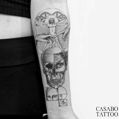 Sacred geometry tattoo by Ivan Casabo #IvanCasabo #geometrictattoos #geometric #sacredgeometry #sacredgeometrytattoo #pattern #line #linework #shapes #ornamental #dotwork #vitruvianman #davinci