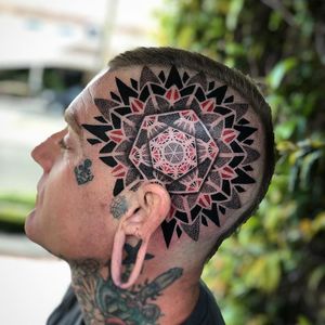 Mandala scalp tattoo by Sean Hall #SeanHall #geometrictattoos #geometric #sacredgeometry #sacredgeometrytattoo #pattern #line #linework #shapes #ornamental #dotwork #mandala