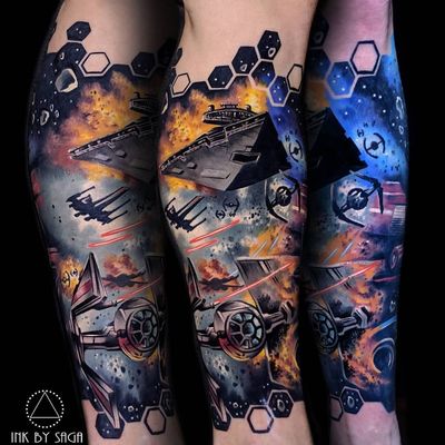 Star Wars tattoo by Saga Anderson #SagaAnderson #StarWarstattoos #StarWarstattoo #StarWars #GeorgeLucas #movietattoo #filmtattoo #space #galaxy #scifi