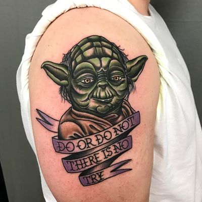 Star Wars tattoo by Shawn Patton #ShawnPatton #StarWarstattoos #StarWarstattoo #StarWars #GeorgeLucas #movietattoo #filmtattoo #space #galaxy #scifi #yoda