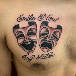 Smile Now Cry Later tattoo by Javier De Luna #JavierDeLuna #smilenowcrylater #chicano #chest - Top 10 Cities to Get Tattooed In #LosAngeles #tattooidea #tattoo #tattooart #vacation #travel #top10 #top10cities #gettattooed