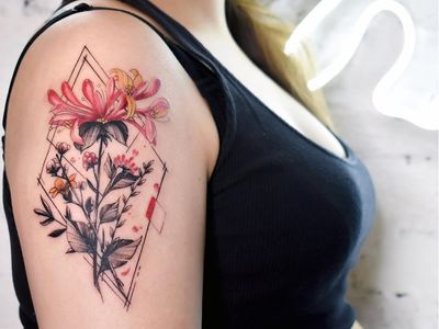 Birth month flower tattoo by Shi Shan Wu #ShiShanWu #honeysuckle #birthmonthflowertattoos #birthmonthflowers #flowertattoo #flowers #florals #petals #blooms #leaves #nature #plant #birthmonth
