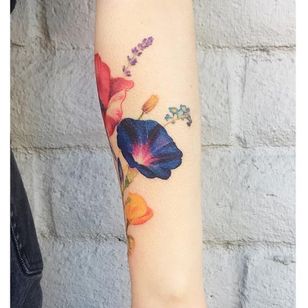 Birth month flower tattoo by Jaime Bryn #JamieBryn #morningglory #morningglories #birthmonthflowertattoos #birthmonthflowers #flowertattoo #flowers #florals #petals #blooms #leaves #nature #plant #birthmonth
