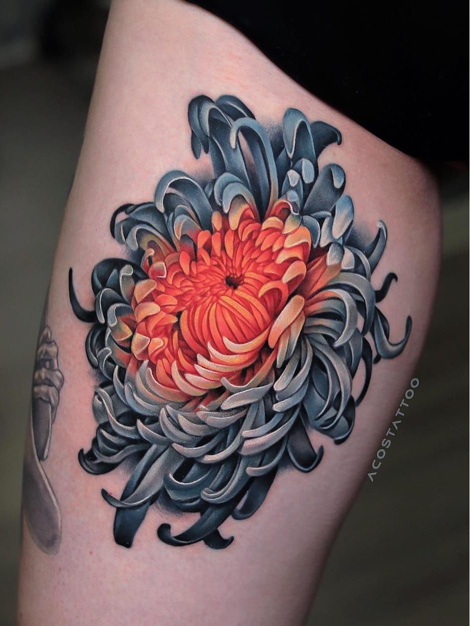 Chrysanthemum Detailed leg tattoo | Chrysanthemum tattoo, Mum tattoo, Men  flower tattoo
