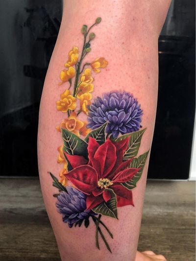 Birth month flower tattoo by Jennifer Sterry #JenniferSterry #poinsettia #birthmonthflowertattoos #birthmonthflowers #flowertattoo #flowers #florals #petals #blooms #leaves #nature #plant #birthmonth