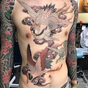 Crane tattoo by Chris Garver #ChrisGarer #FivePoints #NewYork #Brooklyn #crane #bird #chesttattoo #stomachtattoo #tattooedtravels #tattooideas #tattooshop #tattoostudio #travel #tattoos