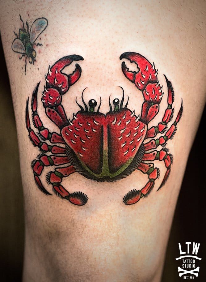 Brother Tattooz - Crab miniature tattoo . The crab is a powerful symbol of  wealth, renewal and adventures of the sea. Done at @brothertattooz . If you  want this type of cute/miniature