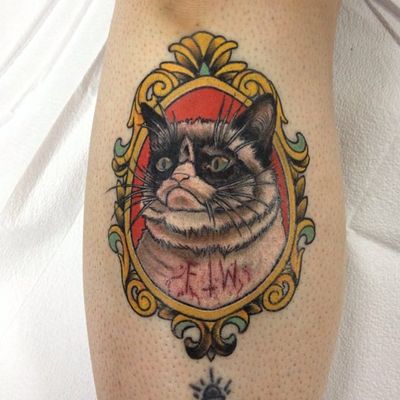 Grumpy Cat tattoo by Tommy Coon #TommyCoon #TardarSauce #GrumpyCat #cat #kitty #petportrait #GrumpyCattattoos #GrumpyCattattoo #cattattoo #meme #petportraittattoo #funnytattoo