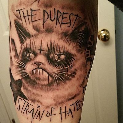Grumpy Cat tattoo by Cat of Diablo Ink #CatDiabloInk #DiabloInk #TardarSauce #GrumpyCat #cat #kitty #petportrait #GrumpyCattattoos #GrumpyCattattoo #cattattoo #meme #petportraittattoo #funnytattoo