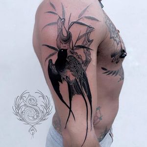 Bird tattoo by Shain Allen #shainallen #birdtattoo #upperarm #arm #jawbone #darkart Top 10 Cities to Get Tattooed In #LosAngeles #tattooidea #tattoo #tattooart #vacation #travel #top10 #top10cities #gettattooed