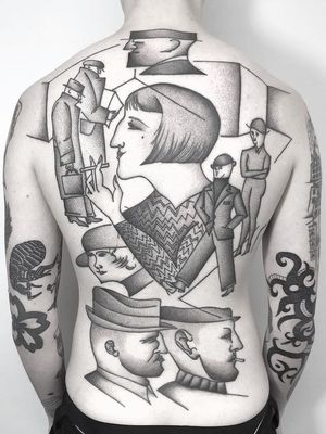Incredible back tattoo by Caleb Kilby #CalebKilby #eastrivertattoo #NewYork #Brooklyn #blackandgrey #dotwork #stippling #portrait #tattooedtravels #tattooideas #tattooshop #tattoostudio #travel #tattoos