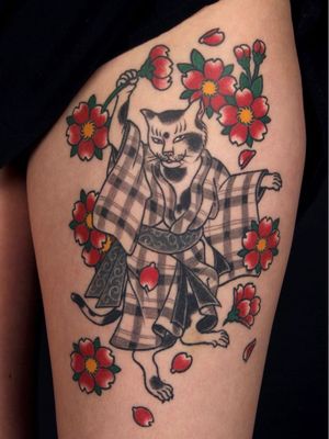 Japanese cat tattoo by David Sena #DavidSena #Senaspace #NewYork #Brooklyn #Japanese #cat #neko #cherryblossoms #flowers #irezumi #tattooedtravels #tattooideas #tattooshop #tattoostudio #travel #tattoos