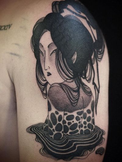 Illustrative tattoo by Damien J Thorn #DamienJThorn #blackwork #Japanese #Japaneseinspired #neojapanese #linework #illustrative #tribal #neotribal #darkart
