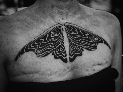 Blackwork chest tattoo by Damien J Thorn #DamienJThorn #blackwork #Japanese #Japaneseinspired #neojapanese #linework #illustrative #tribal #neotribal #darkart