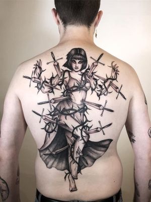 Back tattoo by Adam Vu Noir #AdamVuNoir #torsotattoos #torso #bigtattoo #bigtattoos #bodysuit #blackandgrey #lady #swords #backtattoo #backpiece #thorns #ivy #deity #goddess #monster #darkart